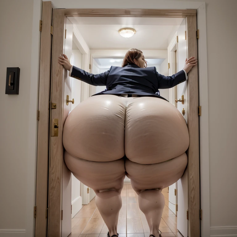 masterpiece, 1girl tall, fat, bottom heavy ssbbw british, 30 year old, behind a doorway, from behind, (doorstuck, stuckback:1.3), big belly, huge wide hips, massive butt, thick thighs, colorful clothing, wearing an olive suit and tie and formal pants, upset, she tries to wiggle her big body through the door, but the door is too small and she is stuck tight, she kicks and swings her legs back and forth in a panic, she is way too big and round to fit through,, she looks behind at the viewer politely asking for some help as she tries to pull herself out with all her might, she swings her hips desperately