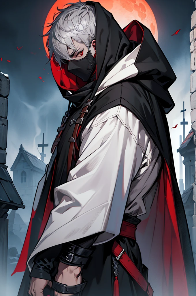 "An assassin, male, fantasy character, physically strong, wearing a skull mask covering his face and eyes, dressed in black medieval attire, with a white hooded cloak over it, gray hair, short hair, red eyes, holding a dagger, nighttime background."