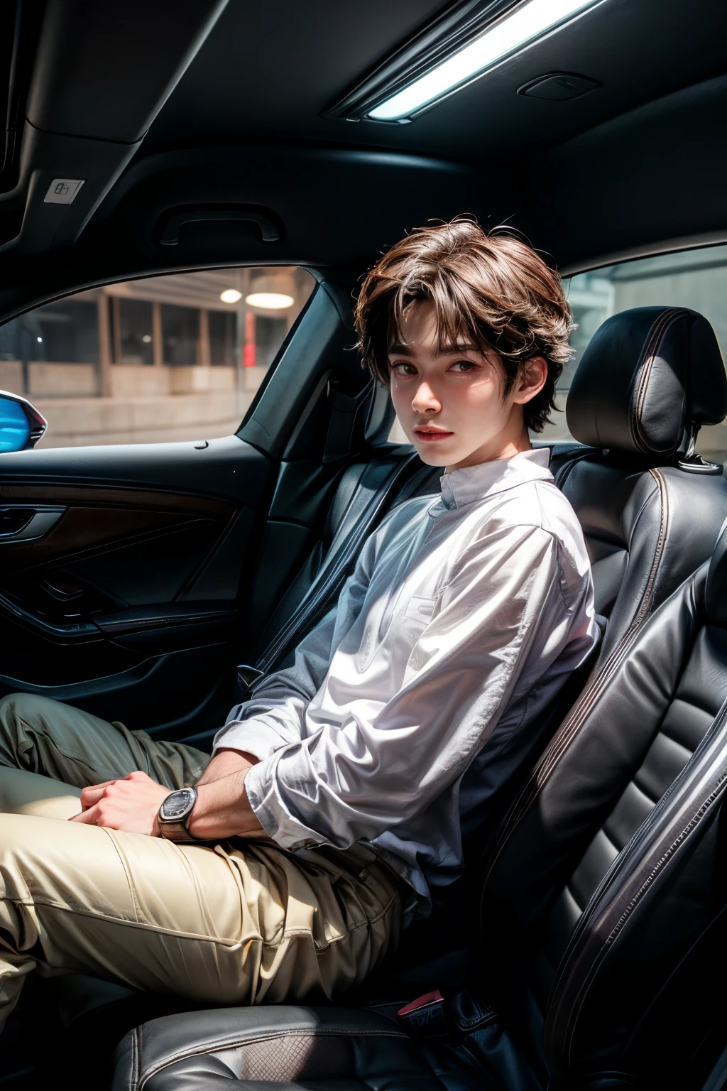 (front view:1.4), 1man white shirt, korean style, brown(spike hair), blurry_background, red neon light, inside the sports car(luxury interior of cabin)