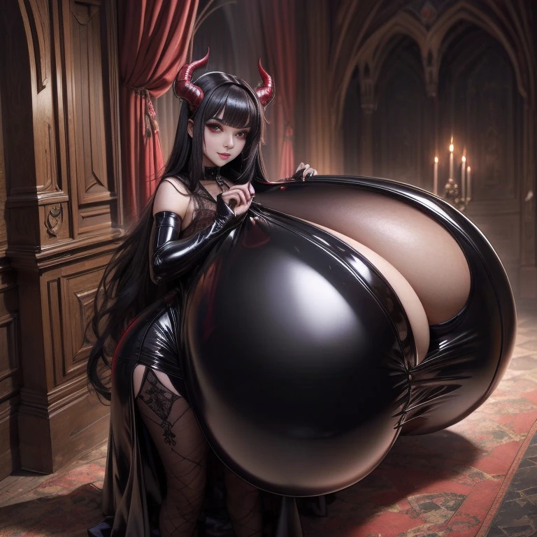 (masterpiece, painting, top quality, best quality, official art, beautiful and aesthetic:1.2), 1girl (gigantic tits:1.2) (cleavage) (a girl vampire:1), latex dress, sexy, looking at viewer, bunt bangs, red eyes, black hair, long hair, parted lips, horns, gothic, romantic, vampires, black castle interior