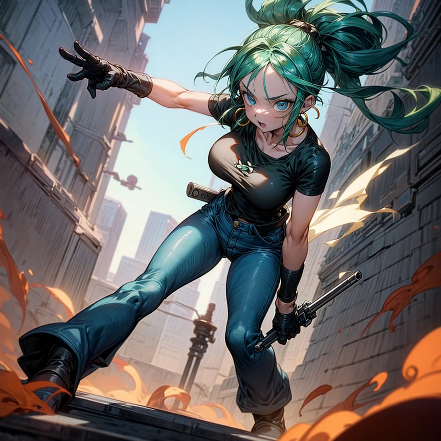 Solo character, young girl, full body version, blue eyes, green hair, long Curly hairstyle, ponytail, black t-shirt, long jeans, white boots, gloves, big breasts, Grassroots, background in street city, evening day, (one piece style art), standing battle gesture, hand gun in hand, smoke effect, fire effect, blood on background, happy eyes, Hoop earrings, behind angle view 