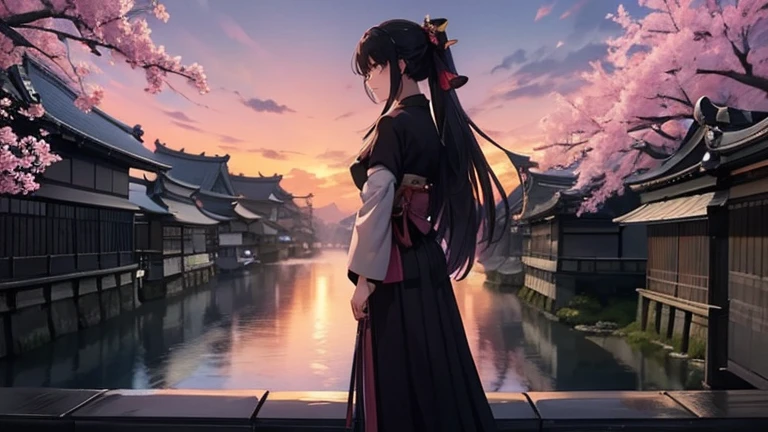 ultra-detailed, high front view, one Woman、Samurai costume、Long Hair、ponytail、Her hair is deep green、((Facing forward))、Kyoto street corner、((Standing facing the viewer on Gojo Bridge in Kyoto))、Full body portrait、At dusk、The backlight is too bright、No one else、Purple Sky、The color of the clothes is cherry blossom pink.、
