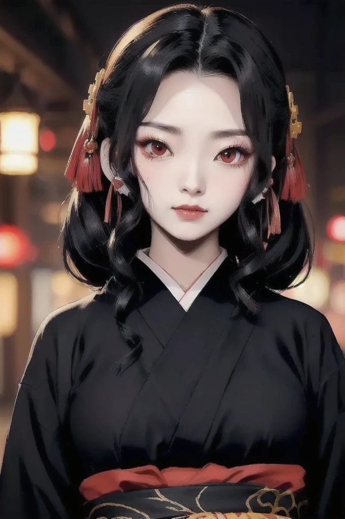 a close up of a woman with red eyes wearing a black kimono, kimetsu no yaiba, visual of a young woman, nezuko, demon slayer , onmyoji portrait, female , nezuko-chan, kaguya ōtsutsuki, ultra realistic