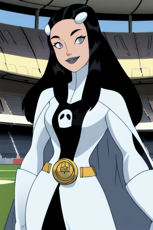 Tinya Wazzo, solo, long black hair, bodysuit. grey eyes, smile, grey lips, belt, white cape, white gloves, best quality, masterpiece, cowboy shot, park, 1girl, Masterpiece, Best Quality, Detail, 