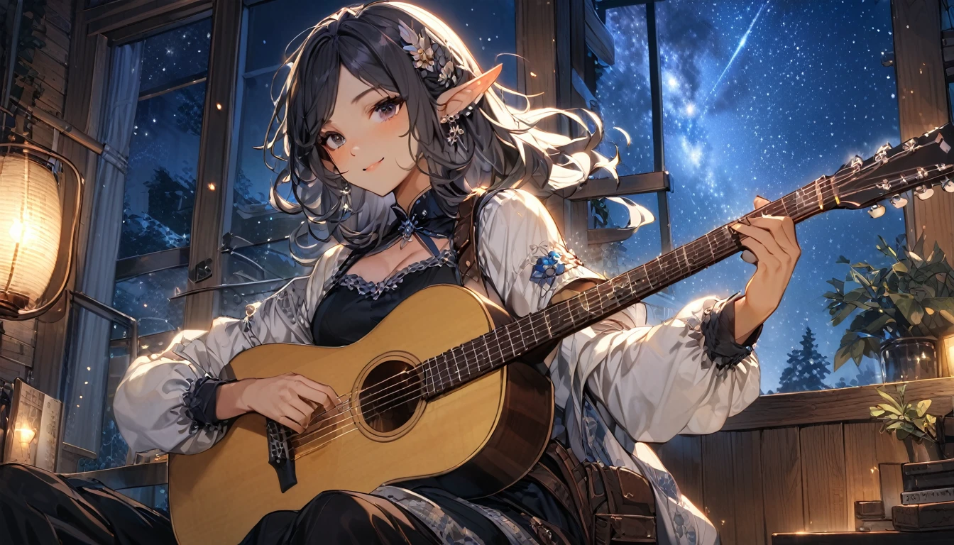 masterpiece, Highest quality,Elf, Bard, play the guitar, Sitting , Portraiture, dark moody lighting, night sky, night, Starry Sky, Sparkling, Shine, dark, (smile:0.8)