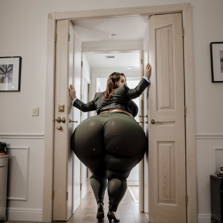 masterpiece, 1girl tall, fat, bottom heavy ssbbw british, 30 year old, behind a doorway, from behind, (doorstuck, stuckback:1.3), big belly, huge wide hips, massive butt,  thick thighs, colorful clothing, wearing an olive green suit and tie and formal pants, upset, she tries to wiggle her big body through the door, but the door is too small and she is stuck tight, she kicks and swings her legs back and forth in a panic, she is way too big and round to fit through,, she looks behind at the viewer politely asking for some help as she tries to pull herself out with all her might, she swings her hips desperately