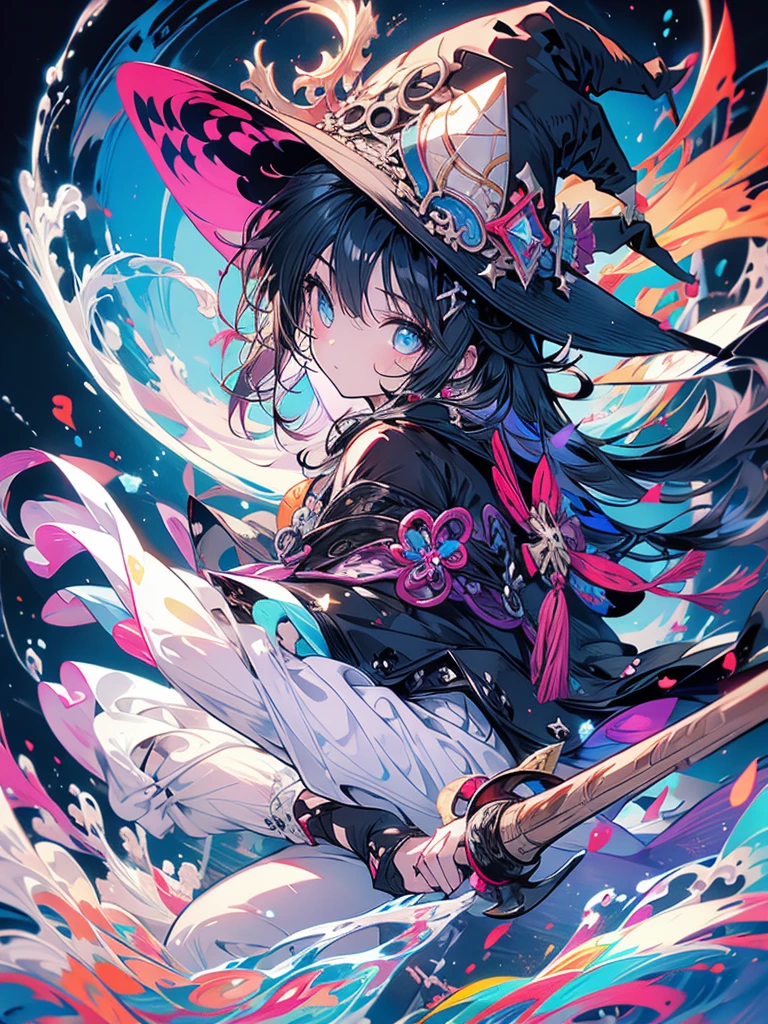 Witch cute big hat riding a broom