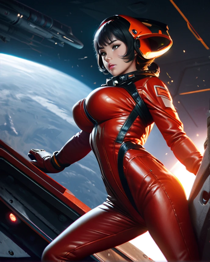 a girl with short black hair,space ship pilot,red spacesuit,sexy,large breasts,boob window,hot,space,cinematic lighting,hyper detailed,photorealistic,8k,artstation,concept art,matte painting,short suit,short pant 