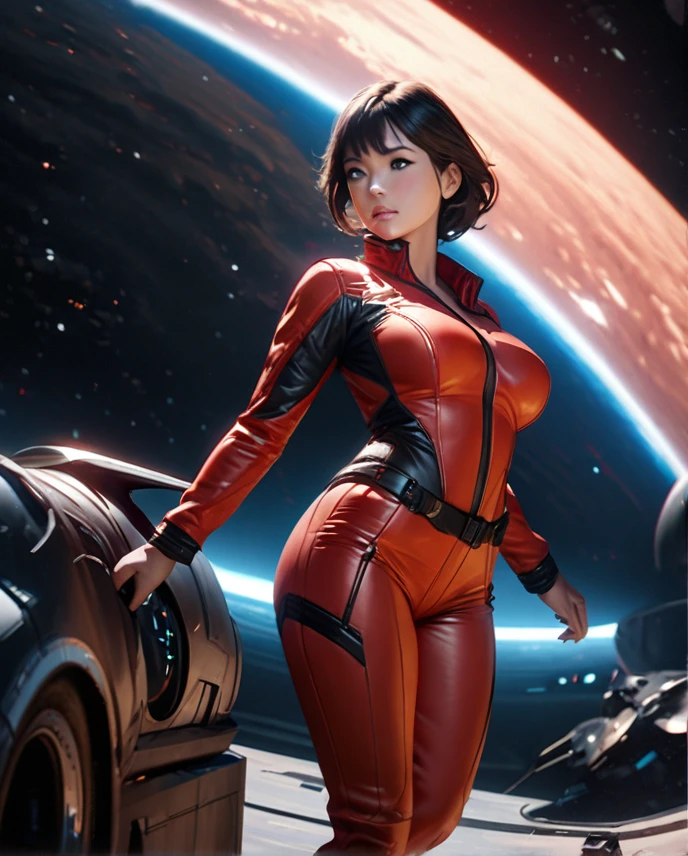 ((there is a woman holding a gun in front of a landed spaceship 1.7)), (ruined empire on the background 1.2), official character art, heaven planet in background, juno promotional image, skin tight body suit of blue and orange. scifiber-punk