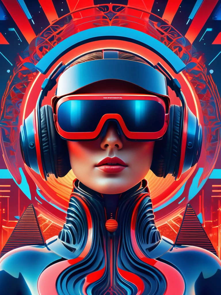 Square album cover, electronica, compilation album, wearing a VR headset, chilled out beats, positive look, abstract patterns, neon lights, futuristic elements, red and blue colors, Russian constructivist influence, the sun, science-related ideas, abstract statues