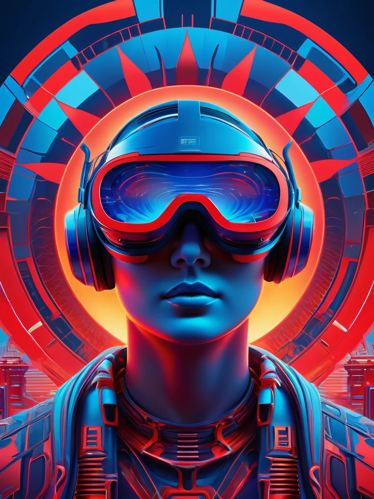 Square album cover, electronica, compilation album, wearing a VR headset, chilled out beats, positive look, abstract patterns, neon lights, futuristic elements, red and blue colors, Russian constructivist influence, the sun, science-related ideas, abstract statues