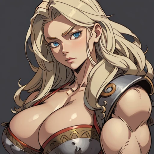 (masterpiece), (best quality),(portrait),(bust up),1girl,solo,(sharp focus),(look at viewer),forehead band,amazon, dragons crown,perfect eyes,tunned skin,muscler,blond hair,long hair,huge breasts,ancient luxurious long clothes,(simple background),old school fantasy art,muscle,armor