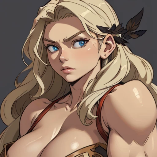 (masterpiece), (best quality),(portrait),(bust up),1girl,solo,(sharp focus),(look at viewer),forehead band,amazon, dragons crown,perfect eyes,tunned skin,muscler,blond hair,long hair,huge breasts,ancient luxurious long clothes,(simple background),old school fantasy art,muscle,armor