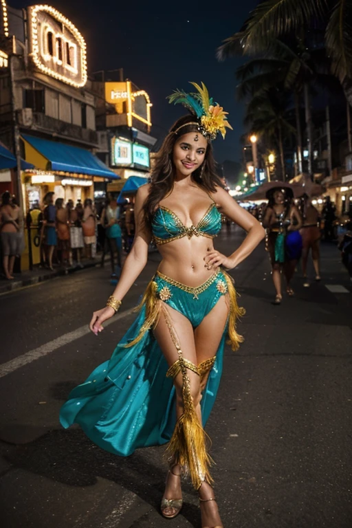 woman, Fantasy setting, bright lights, night scene, rio carnival style, carnival costume, (wearing samba dance dress costume ) exotic feather costume, cranival parade, outdoor, street background, night sky, long hair, smile, aroused, vibrant colors, masterpiece, 1975 ,photo vintage, visage feminin parfait, tache de rousseur ,front VIEW, BEAUTIFUL EYES, BEAUTIFUL HANDS, LIGHT SMILES, PERFECT FACE ,SFW, FULL BODY,