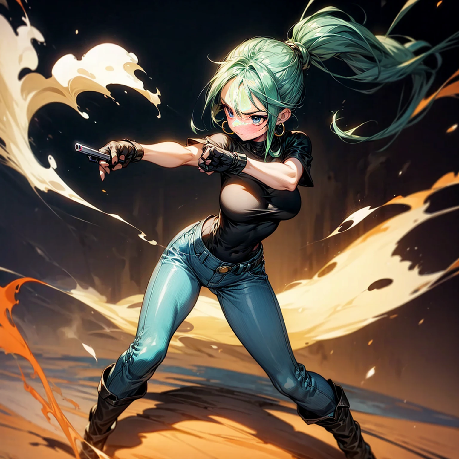 Solo character, young girl, full body version, blue eyes, green hair, long Curly hairstyle, ponytail, black t-shirt, long jeans, white boots, gloves, big breasts, Grassroots, background in street city, evening day, (one piece style art), standing battle gesture, hand gun in hand, smoke effect, fire effect, blood on background, happy eyes, Hoop earrings, behind angle view 