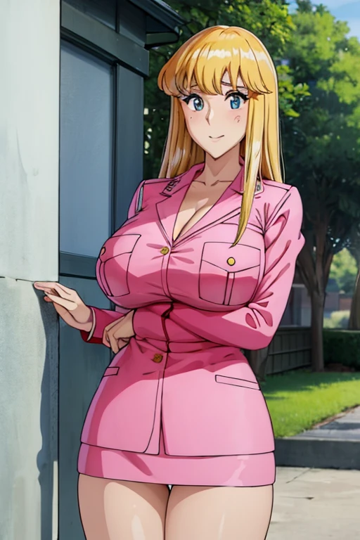 nsfw:1.5, 10 heads、Anime Style、policewoman、卑猥なPink uniform、(woman police officer),Pink uniform, Pink high heels, 古いデザインのpolicewoman帽, Very short mini skirt, Erect nipples, Cleavage:1.5, ((Showing her boobs))、((Dirty face:1.3))、(Beautiful saggy huge breasts:1.5), (Mature Woman)、Reiko Nakagawa,blonde hair,((naked)),(blue eyes:1.2),,(Large Breasts:1.5),Shiny,hair,((alone)),((masterpiece)),((Highest quality)),Perfect Anatomy,Slim waist,Perfect Image,8K Ultra HD,(Beautiful attention to detail:1.5),Highly detailed face,Are standing,(Upper Body:1.1),(Look at the front:1.1),Arms behind,Super detailed,Absurd,High resolution,(Shiny hair),Outdoor,((A delicate smile)), information