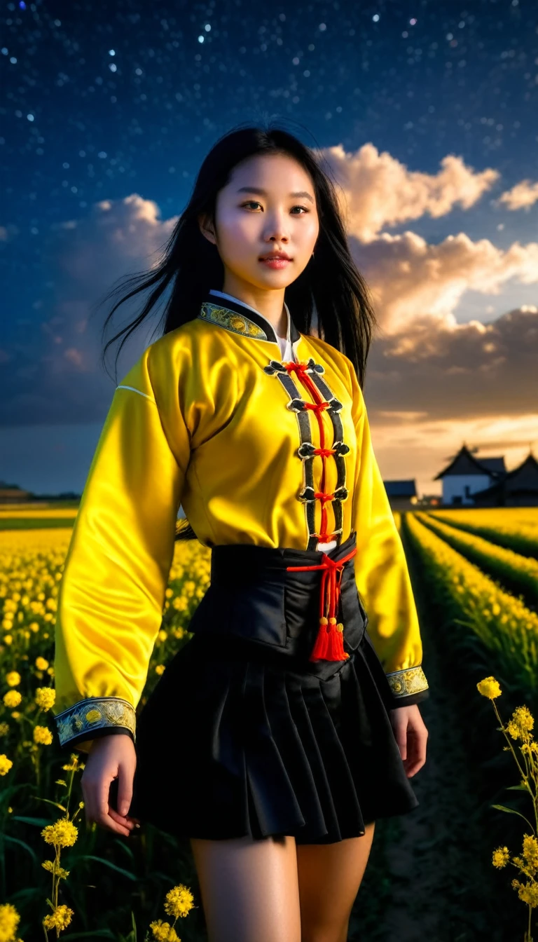 (Realisticity: 1.3), Fine, Quality, Rembrandt Lighting, (Masterpiece: 1.2), (Realisticity: 1.2), (Best Quality), (Skin Details: 1.3), (Intricate Detail), Dramatic, Idyllic, Ray Tracing, 1girl, Chinese Yellow Girl, Long Black Hair, 24 years old, Modern Clothing (Meadow, Sun, Clouds, Fields, Farms, Starlight, Trails)