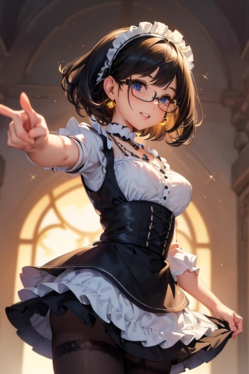 #基本
A girl is posing for a photo, ((One Girl)), (((Baby Face:1.2)) + ((cute:1.3))),
#A girl is posing for a photo, ((One Girl)), (((Baby Face)) + ((cute)) + 16 years old),
break
#Clothing Accessories
(((Black and white)Gothic Lolita style maid outfit) : Elegant + (Dirndl) + Gothic Lolita Fashion + Dark Gothic Lolita + (black corset) + ((Black and white)Headdress) + (White apron)), (Low denier black pantyhose:1.4), (Black High Heels), ((Black frame glasses)),
(Gold hoop earrings), (Silver Necklace),
break
#Features
((Black Hair)), (The forehead is visible:1.5), (Pixie Cut Hair : Very short hair + Curly hair + Hair that bounces out + Messy Hair),
((Droopy eyes), (Kind eyes), (blue eyes), (Big eyes:1.4)), (Small breasts),
break
#background environment
(noon, (The garden of a large Western-style mansion + grass + Garden of roses + The sun shines on the girl)),
#Facial Expression Pose
((smile:1.3), blush), ((Point to the camera:1.3)),
#composition
(To the camera, (Focus from the side), (Cowboy Shot)),
break
#Body parts elements
(Slim figure),
(Detailed Hair, Beautiful Hair, Shiny Hair),
((Thin eyebrows), double eyelid, Long eyelashes),
((Expression of fine eyes), (Beautiful and delicate eyes), (Sparkling eyes), Eye Reflexes, Glitter Eyeliner),
(Human Ear),
(Beautiful Nose, Thin Nose),
(Glossy Lips, Beautiful Lips, Thick lips, Glossy Lips, Natural Cheeks),
((Detailed face), Symmetrical facial features),
((Detailed skin), Textured skin, Beautiful Skin, Glowing Skin, (Oily skin)),
break
#Quality Image Quality Common
(((Highest quality)), ((masterpiece)), ((Very detailed))), ((Ultra-high resolution)), ((16K, 1080P)), ((FHD)),
(Anatomically correct), (Realistic), (3DCG), (oil),
#Quality image illustration
((comics, anime)), (CG illustration),
#Quality Image Quality Other
(Line art), (Oil pastel),