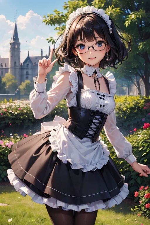 #基本
A girl is posing for a photo, ((One Girl)), (((Baby Face:1.2)) + ((cute:1.3))),
#A girl is posing for a photo, ((One Girl)), (((Baby Face)) + ((cute)) + ),
break
#Clothing Accessories
(((Black and white)Gothic Lolita styled outfit) : Elegant + (Dirndl) + Gothic Lolita Fashion +k Gothic Lolita + (black cors+ ((Black and white)Headdress) + (White apron)), (Low denier black pantyhose:1.4), (Black High Heels), ((Black frame glasses)),
(Gold hoop earrings), (Silver Necklace),
break
#Features
((Black Hair)), (The forehead is visible:1.5), (Pixie Cut Hair : Very short hair + Curly hair + Hair that bounces out + Messy Hair),
((Droopy eyes), (Kind eyes), (blue eyes), (Big eyes:1.4)), (Small breasts),
break
#background environment
(noon, (The garden of a large Western-style mansion + grass + Garden of roses + The sun shines on the girl)),
#Facial Expression Pose
((smile:1.3), blush), ((Point to the camera:1.3)),
#composition
(To the camera, (Focus from the side), (Cowboy Shot)),
break
#Body parts elements
(Slim figure),
(Detailed Hair, Beautiful Hair, Shiny Hair),
((Thin eyebrows), double eyelid, Long eyelashes),
((Expression of fine eyes), (Beautiful and delicate eyes), (Sparkling eyes), Eye Reflexes, Glitter Eyeliner),
(Human Ear),
(Beautiful Nose, Thin Nose),
(Glossy Lips, Beautiful Lips, Thick lips, Glossy Lips, Natural Cheeks),
((Detailed face), Symmetrical facial features),
((Detailed skin), Textured skin, Beautiful Skin, Glowing Skin, (Oily skin)),
break
#Quality Image Quality Common
(((Highest quality)), ((masterpiece)), ((Very detailed))), ((Ultra-high resolution)), ((16K, 1080P)), ((FHD)),
(Anatomically correct), (Realistic), (3DCG), (oil),
#Quality image illustration
((comics, anime)), (CG illustration),
#Quality Image Quality Other
(Line art), (Oil pastel),