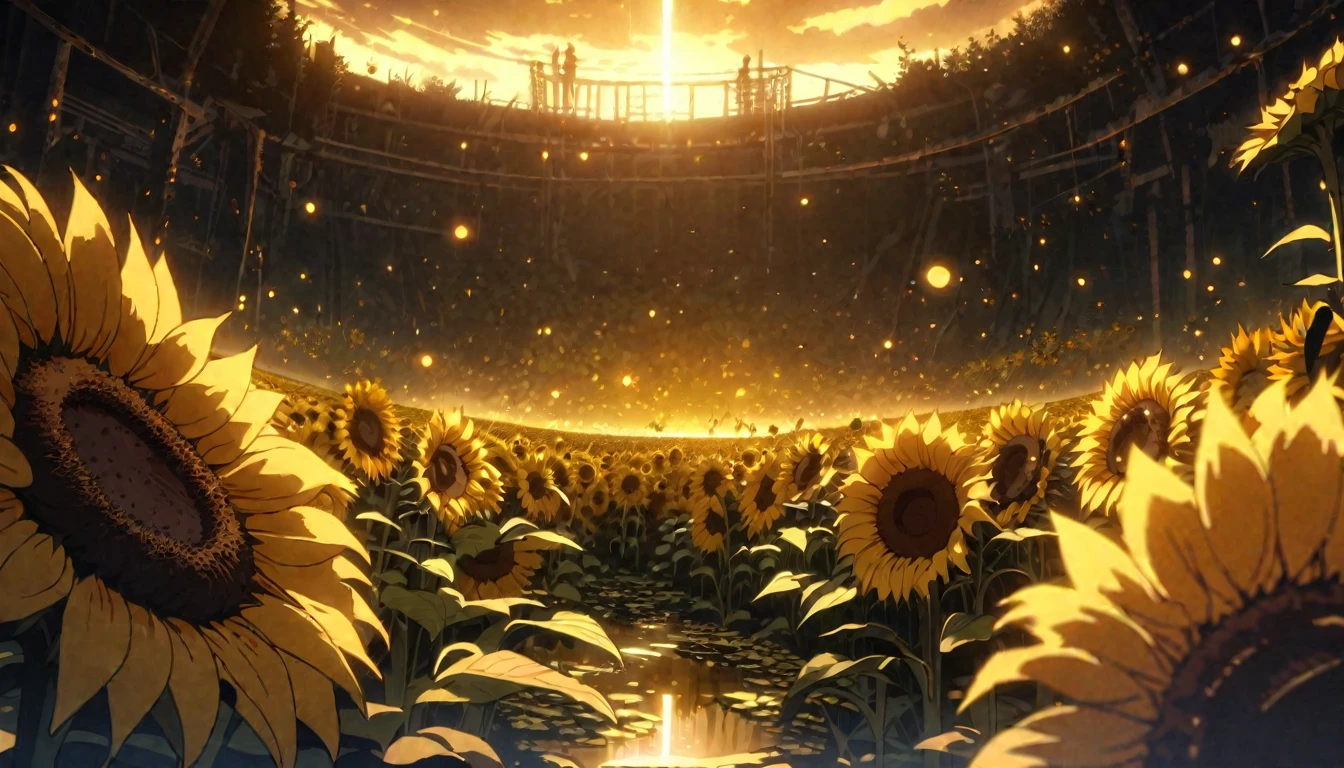  anime scenery, anime aestetics, huge sunflower, rotten sunflower, old farmfield, flies in the air, sad atmosphere, glowing light orange seeds, spiky stem, old flower, toxic swamp,toxic yellow fog, dim light, front view, wide shot, atmospheric perspective, perspective, pov, 8k, highres, best quality, award winning, super detail, masterpiece