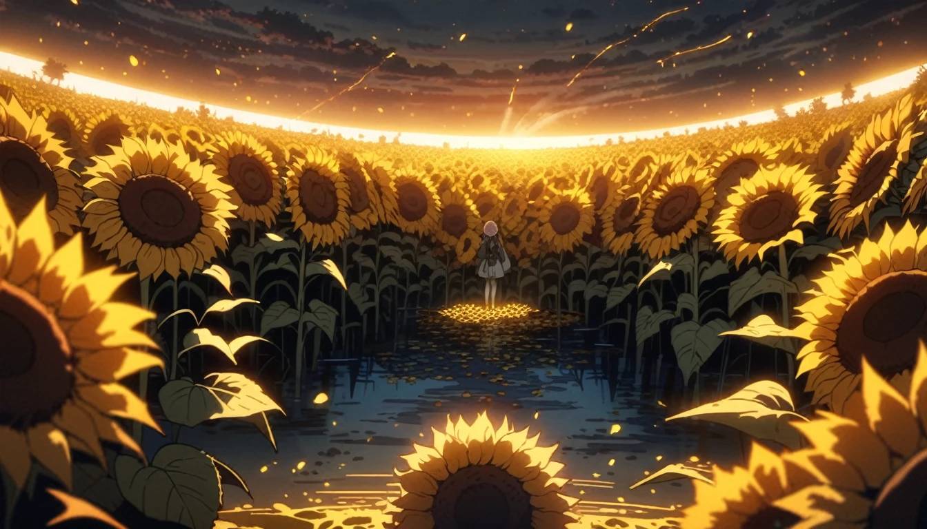 anime scenery, anime aestetics, huge sunflower, rotten sunflower, old farmfield, flies in the air, sad atmosphere, glowing light orange seeds, spiky stem, old flower, toxic swamp,toxic yellow fog, dim light, front view, wide shot, atmospheric perspective, perspective, pov, 8k, highres, best quality, award winning, super detail, masterpiece