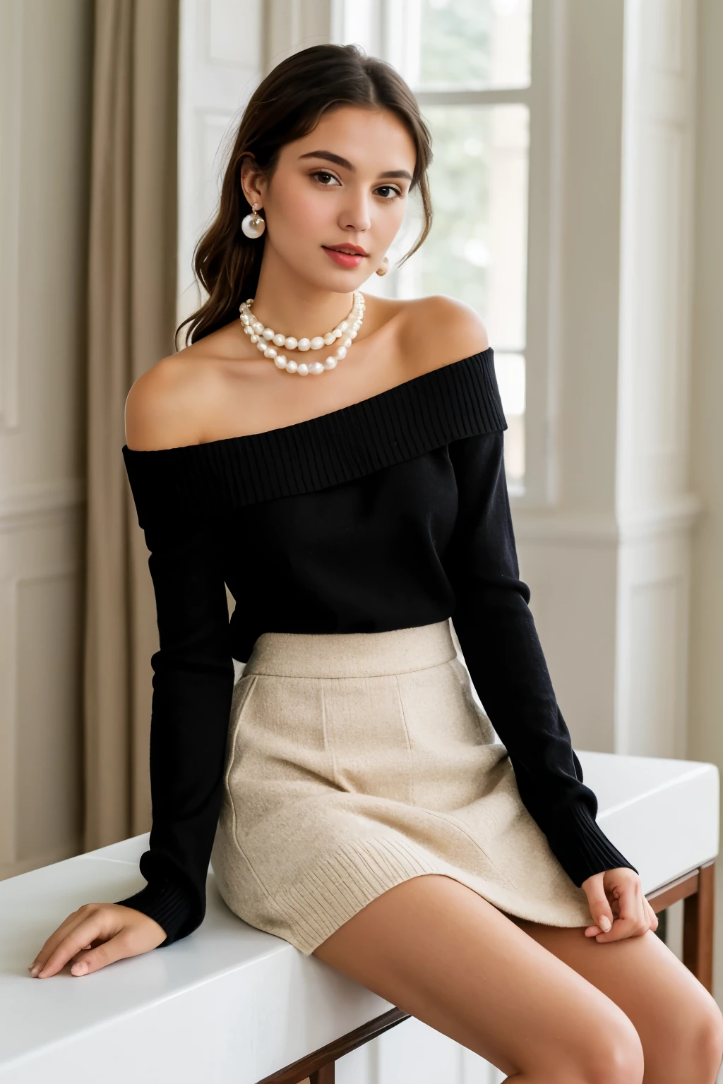 ((best quality)), ((masterpiece)), (detailed), 1 girl, Off-the-shoulder sweater, Pearl necklace on the neck, crossed legs, black skirt