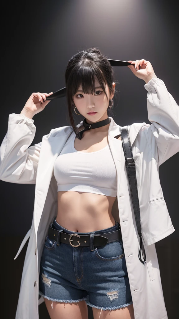 
1 woman, solo, pantyhose, shorts, navel, black pantyhose, crop top, shirt, bare clothes, midriff, open coat, belt, long sleeves, cut-off, shorts, ahoge, hands up, coat, white shirt, denim shorts, belly, blush, cowboy shot, black belt, neck ribbon, denim, woman in tight pants and leather jacket, 1 girl, solo, pantyhose, shorts, , navel, black pantyhose, crop top, shirt, open clothing, midriff, open coat, belt, long sleeves, cutoff, shorts, ahoge, hands up, coat, white shirt, , denim shorts, midriff, blush, cowboy shot, Simple background, black belt, neck ribbon, denim, standing