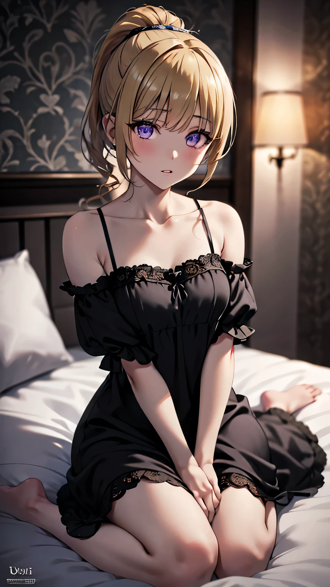 (masterpiece, best quality, absurdres), high quality, highres, ultra detailed, intricate, cinematic lighting, wallpaper, soft lighting, night, night light, close-up, looking at viewer, beautiful woman, 1girl, parted lips, kei Karuizawa, small breasts, blonde hair, bangs, ponytail , detailed violet eyes, ((Super Realistic Detailed Eyes, glowing eyes)),  in bedroom, sitting on the bed, wearing a black nightgown, black nightgown, nightgown