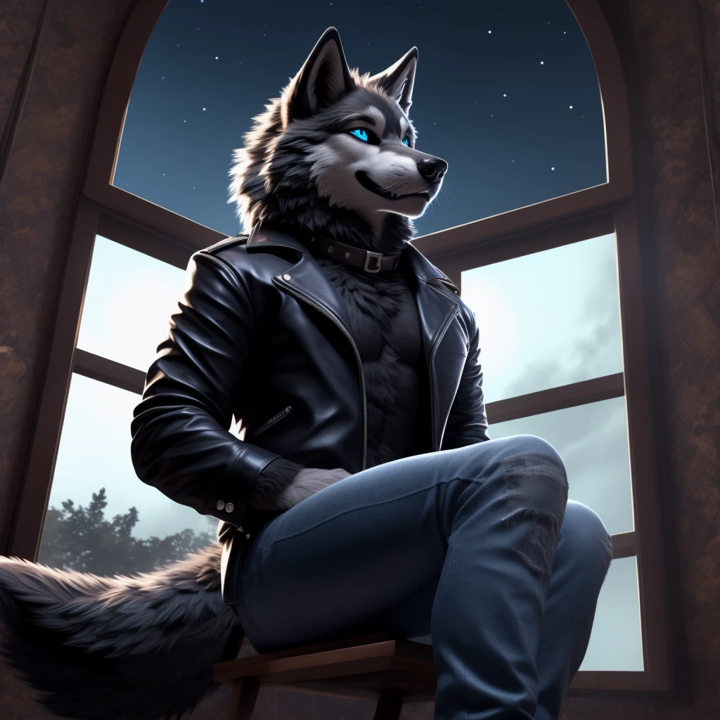 Sitting in chair, 1Male, 30 years old, cute, eyeliner, happy expression, black leather jacket, anthro, wolf ears, (black fur:1.5), wolf, mechcock pit background, 8k, hi res, (best quality, masterpiece), (wolf tail:1.5), detailed fur, solo, collar, blue jeans, blue eyes. dynamic angle, ultra-detailed, night sky through windows.