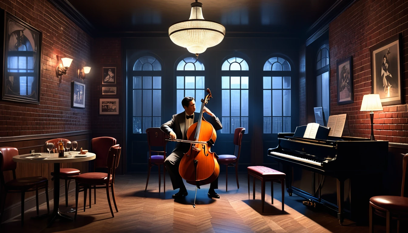 Interior of a very smoky vintage Parisian jazz club at night, The soft light of the pendant light、A man playing the cello and a seductive woman playing the piano。, Brick wall decorated with rhythmic shadow playing, A tranquil and enchanting atmosphere, 3D Rendering, To create a realistic yet fantastical scene、Diner scene with detailed textures and lighting, film noir jazz bar, drawn in a neo - noir style, neo - noir style, Neo-Noir Setting, neo noir style, inspired by f.. scott hess, Thomas Dalziel, film noir realistic, inspired by f. scott hess CFGスケール