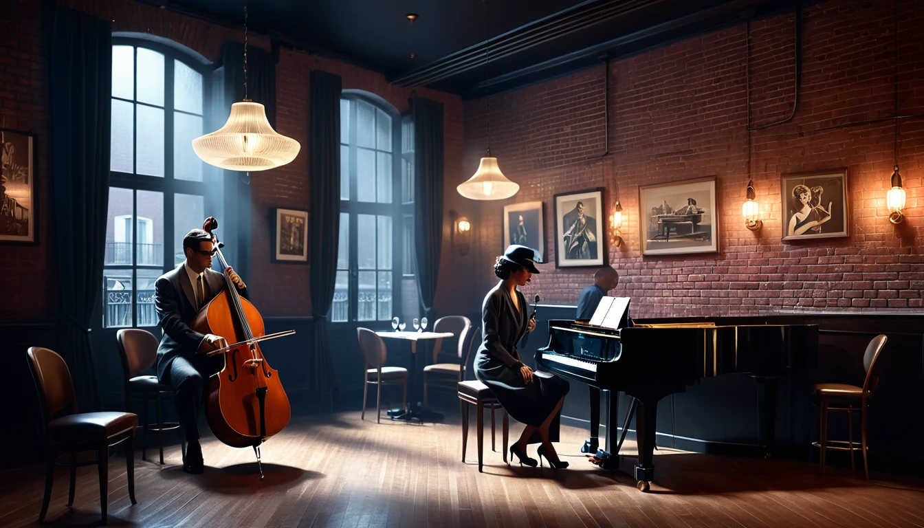 Interior of a very smoky vintage Parisian jazz club at night, The soft light of the pendant light、A man playing the cello and a seductive woman playing the piano。, Brick wall decorated with rhythmic shadow playing, A tranquil and enchanting atmosphere, 3D Rendering, To create a realistic yet fantastical scene、Diner scene with detailed textures and lighting, film noir jazz bar, drawn in a neo - noir style, neo - noir style, Neo-Noir Setting, neo noir style, inspired by f.. scott hess, Thomas Dalziel, film noir realistic, inspired by f. scott hess CFGスケール