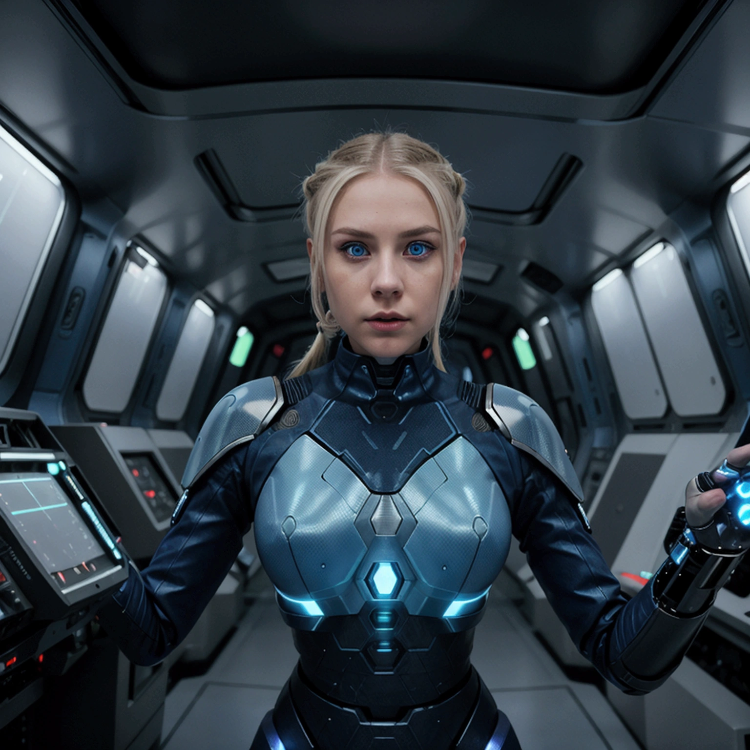 Nebula | Create a photorealistic image of Anna, 25 years old, blonde with blue eyes, as a partially cybernetic Nebula. Facial features: One side normal with large blue eye, other side with Nebula's cybernetic enhancements. Hairstyle: Half blonde hair, half bald with cybernetic implants. Costume: Nebula's blue and purple outfit. Pose: Wielding electric batons. Setting: Spaceship interior. Camera: Action shot, mid-fight. Style: Gritty and futuristic.