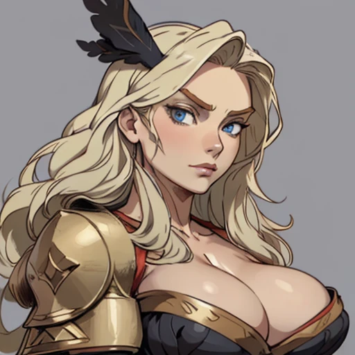 (masterpiece), (best quality),(portrait),(bust up),1girl,solo,(sharp focus),(look at viewer),forehead band,amazon, dragons crown,perfect eyes,tunned skin,muscler,blond hair,long hair,huge breasts,ancient luxurious long clothes,(simple background),old school fantasy art,muscle,armor,wide view