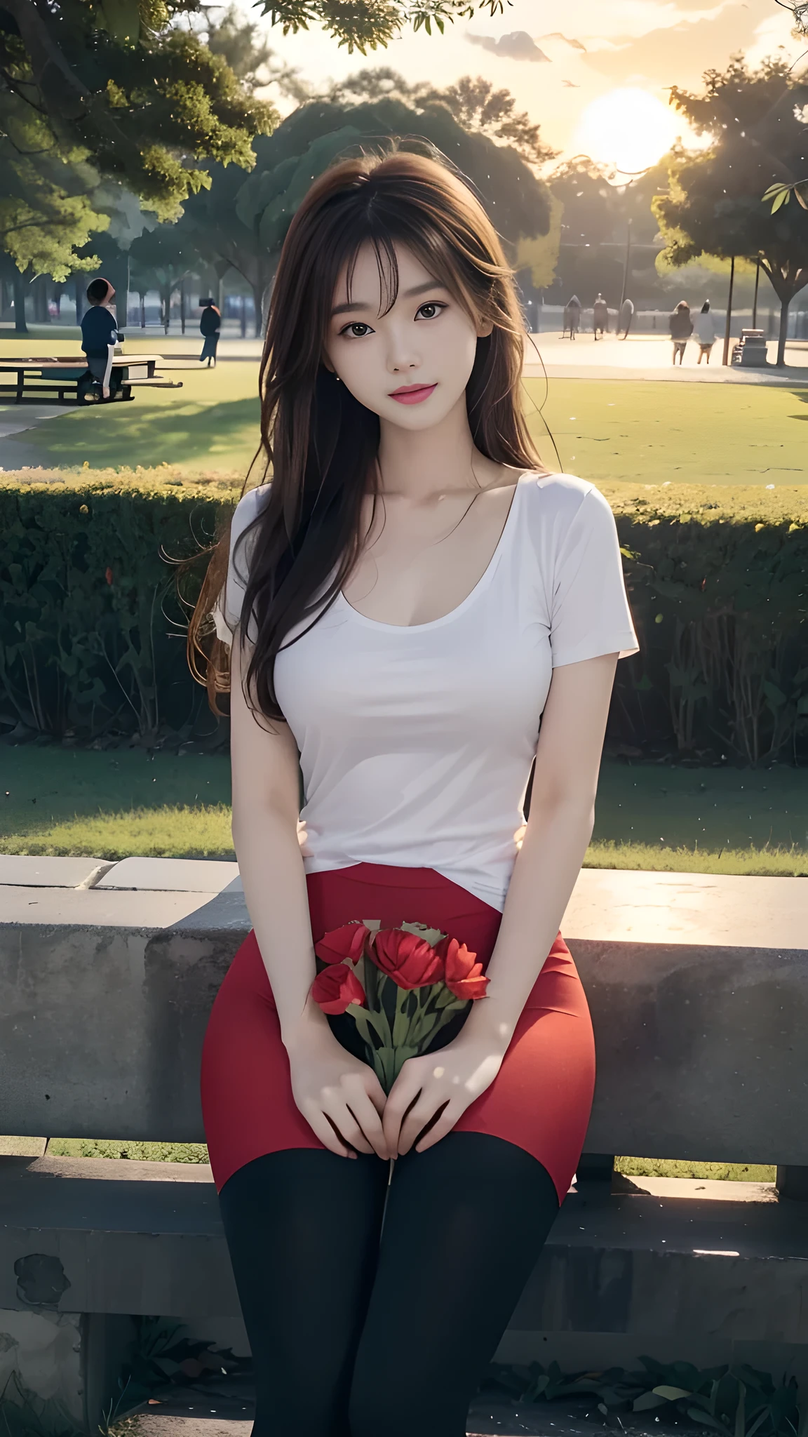 ulzzang-6500-v1.1, (RAW photo: 1.2), (Real photo), (Real photo: 1.4), 1 girl、Perfect anatomy、20 years old、Looking at the camera、Medium length hair、Red T-shirt, dress, Hand holding a bouquet of bright fresh flowers, ((in the park at sunset: 1.3))、(Hyperrealistic tights: 1.2), (Business service)、Asian eyes Ella,