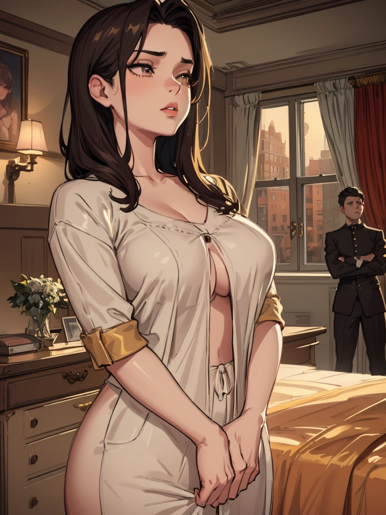 A sleeping girl on a bed, looking at a boy, 1 girl, 1 boy, in a luxury bedroom, full view of the bedroom, extremely detailed face and eyes, long eyelashes, beautiful detailed lips, photo-realistic, cinematic lighting, warm color tones, high quality, intricate details, realistic bedroom setting, soft bedding, lush decor