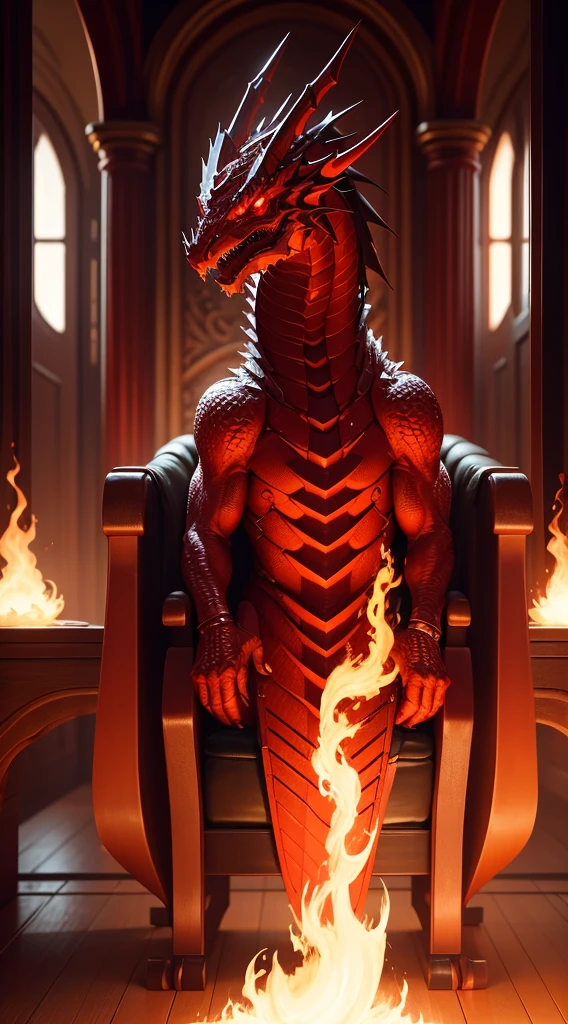 [Red Dragon] [Ablaze], [precise, Thin edges], [meticulous, Surgical precision]，Sentado no trono de ferro, has a dragon&#39;s body and a sword, 由杨J, Dragon Knight, keqing do impacto genshin, human and dragon fusion, handsome guy in the art of killing demons, decorated with explosions of fire, 2. 5d cgi realist fantasy art, epic fantasy art style, fire demon, Epic fantasy digital art style。