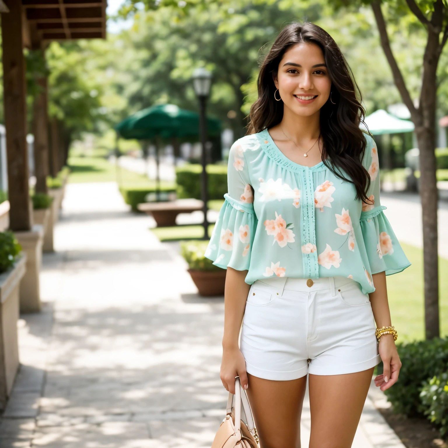 ((best quality)), ((masterpiece)), (detailed), a young latin woman with wavy, dark hair, round face, flawed skin and a slender body type, wearing a mint green floral blouse that flows gently in the breeze, paired with high-waisted white shorts that accentuates her silhouette. Her look is completed with a pair of comfortable yet chic peached-colored sandals. It's a sunny Saturday morning, she stepping out for a delightful weekend brunch, her outfit is a perfect blend of casual elegance and fresh summer vibes, adding a subtle pop of color to your ensemble. perfect face, perfect hands, five fingers,