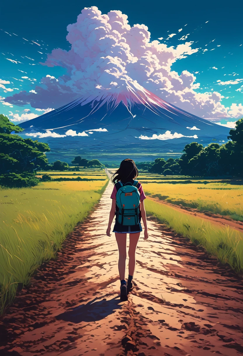 there is a woman walking down a dirt road with a backpack, anime style mixed with fujifilm, style of alena aenami, girl clouds, artistic. alena aenami, in style of makaoto shinkai, makoto shinkai cyril rolando, ilya kuvshinov landscape, in the distance, style of makoto shinkai