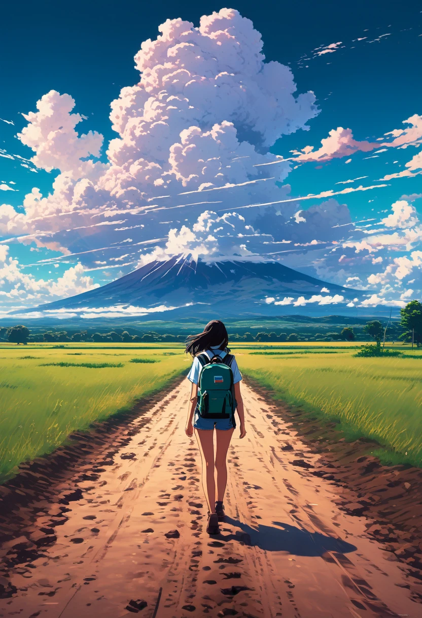 there is a woman walking down a dirt road with a backpack, anime style mixed with fujifilm, style of alena aenami, girl clouds, artistic. alena aenami, in style of makaoto shinkai, makoto shinkai cyril rolando, ilya kuvshinov landscape, in the distance, style of makoto shinkai
