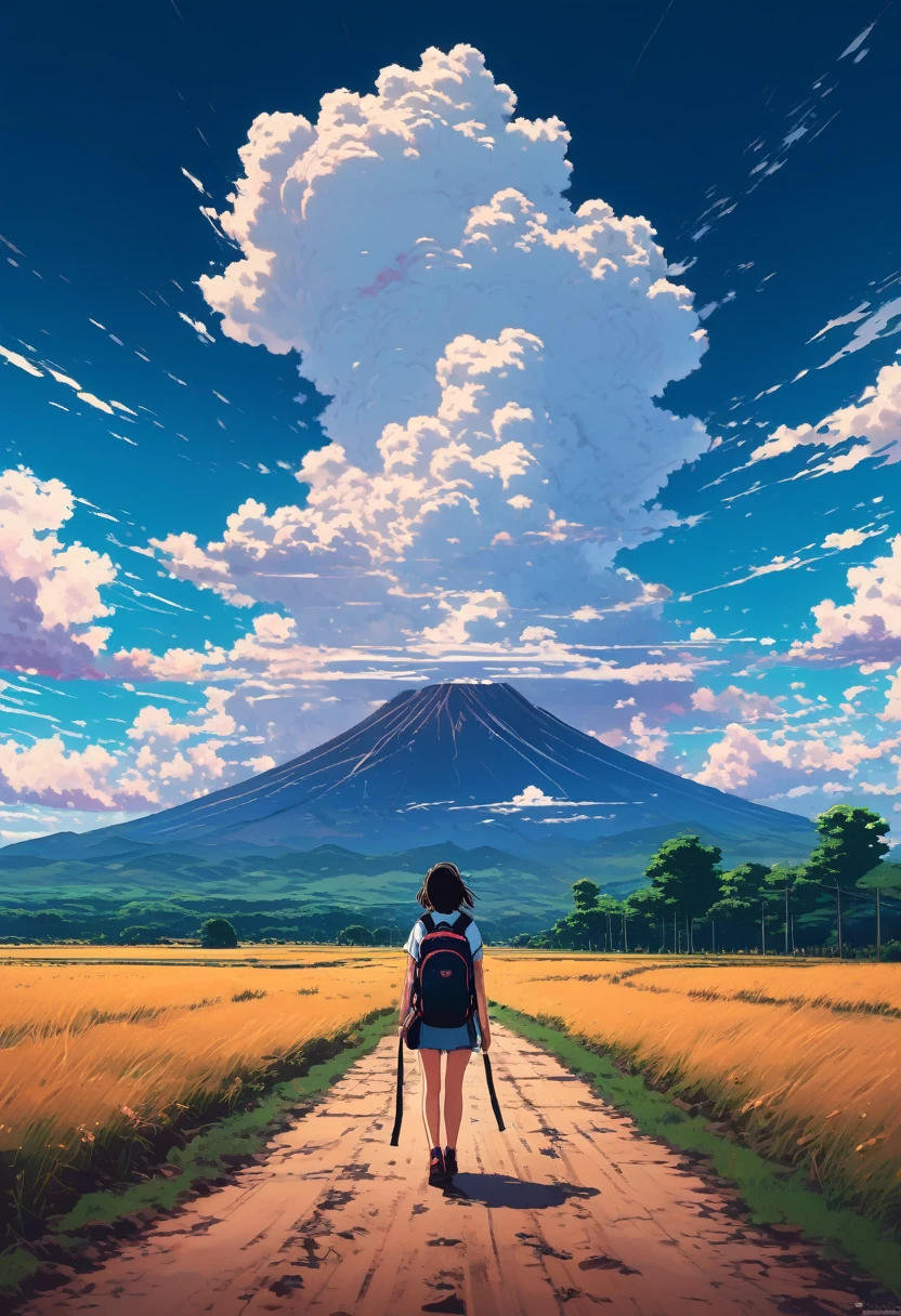 there is a woman walking down a dirt road with a backpack, anime style mixed with fujifilm, style of alena aenami, girl clouds, artistic. alena aenami, in style of makaoto shinkai, makoto shinkai cyril rolando, ilya kuvshinov landscape, in the distance, style of makoto shinkai