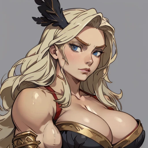 (masterpiece), (best quality),(portrait),(bust up),1girl,solo,(sharp focus),(look at viewer),forehead band,amazon, dragons crown,perfect eyes,((tunned skin)),muscler,blond hair,long hair,huge breasts,ancient luxurious long clothes,(simple background),old school fantasy art,muscle,armor,wide view