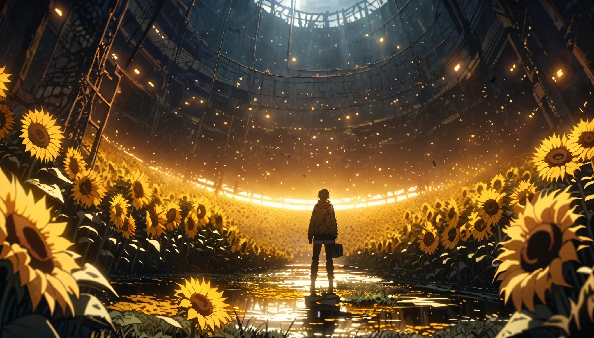  anime scenery, anime aestetics, huge sunflower, rotten sunflower, old farmfield, flies in the air, sad atmosphere, glowing light orange seeds, spiky stem, old flower, toxic swamp,toxic yellow fog, dim light, front view, wide shot, atmospheric perspective, perspective, pov, 8k, highres, best quality, award winning, super detail, masterpiece