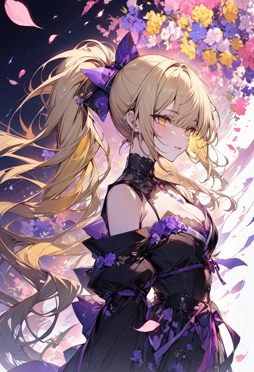 Highest quality、masterpiece、High resolution、Long blonde hair 、ponytail、Yellow Eyes、Pale pink lipedium cleavage))、Japanese Gothic Coordination、flowerpunk、Vibrant colors、Flying petals、Composition of thirds、Right side