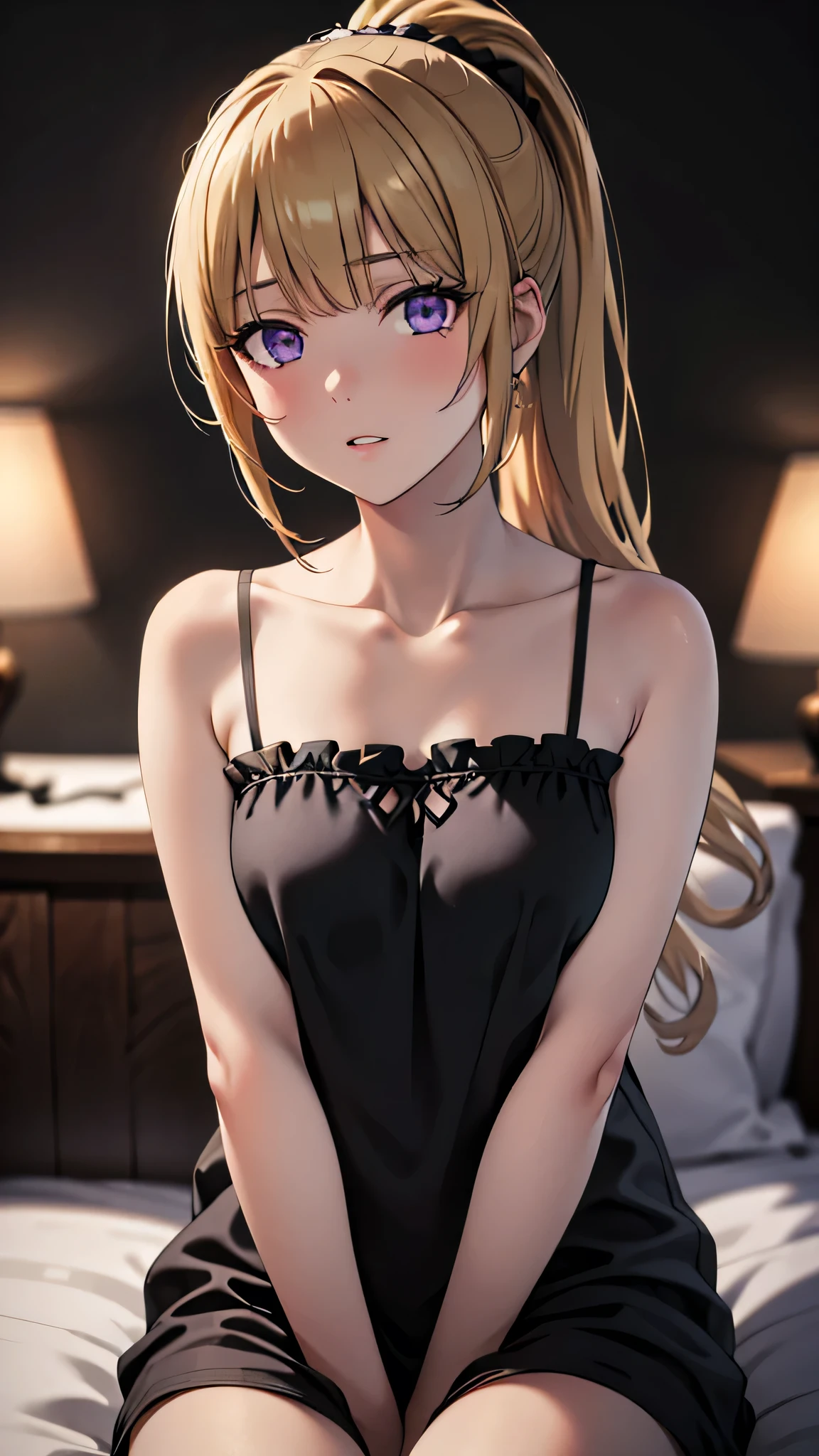 (masterpiece, best quality, absurdres), high quality, highres, ultra detailed, intricate, cinematic lighting, wallpaper, soft lighting, night, night light, close-up, looking at viewer, beautiful woman, 1girl, parted lips, kei Karuizawa, small breasts, blonde hair, bangs, long ponytail , detailed violet eyes, ((Super Realistic Detailed Eyes, glowing eyes)),  in bedroom, sitting on the bed, wearing a black nightgown, black nightgown, nightgown, focus on face 