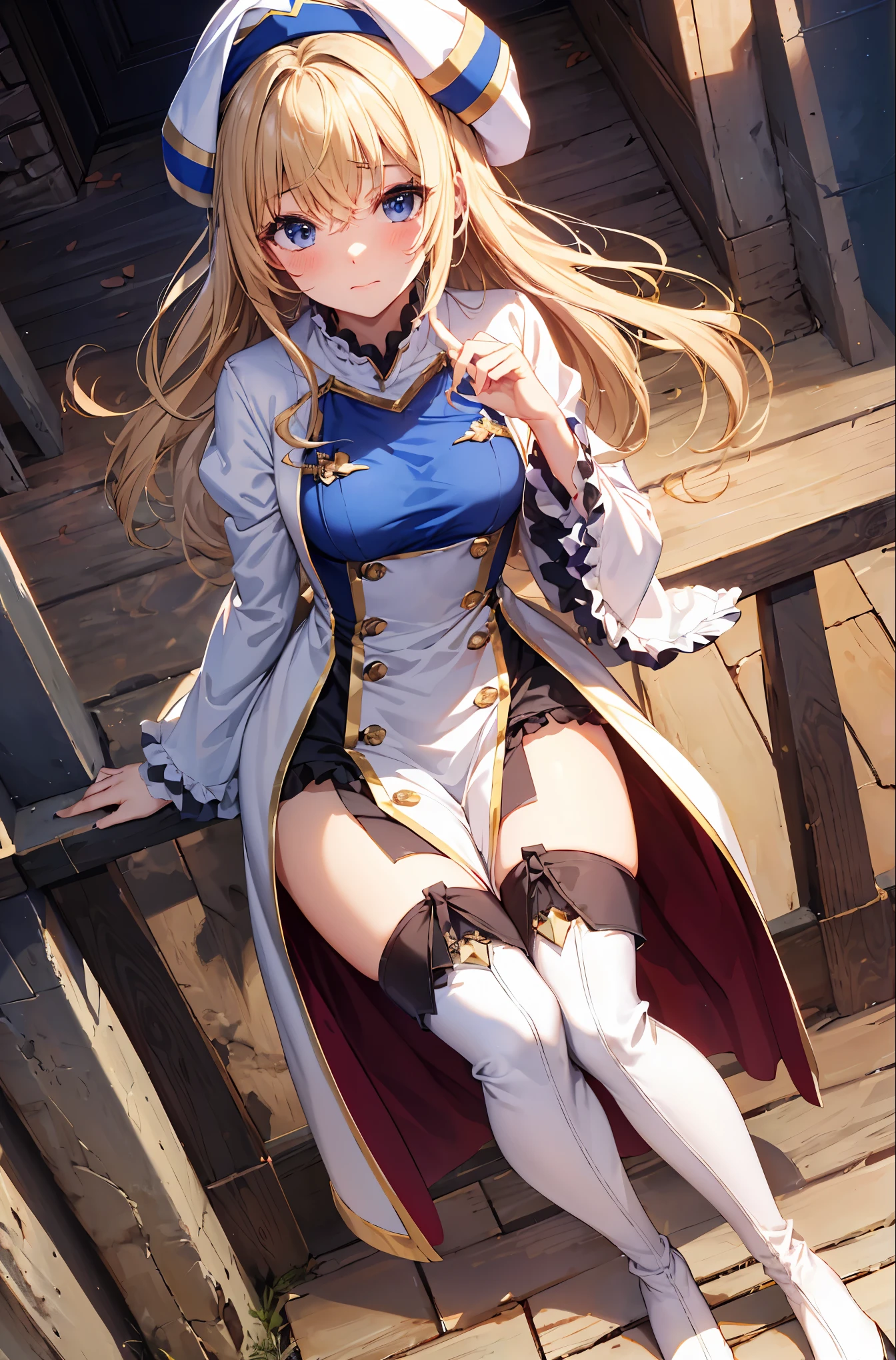 priestess, blonde hair, blue eyes, long hair, hair between eyes,(blush,embarrassed),
boots, dress, frilled sleeves, frills, hat, white headwear, pelvic curtain, high heels, robe, thigh boots, thighhighs, white thighhighs, long sleeves, puffy sleeves,top-quality,Top image quality,perfect anatomy,masterpiece,ultra-detailliert,Beautiful,ultra-quality, best quality,high resolution, ultra-detailed,game cg,dutch angle ,beautiful detailed eyes,visualart,five fingers, perfect hands, perfect lighting,