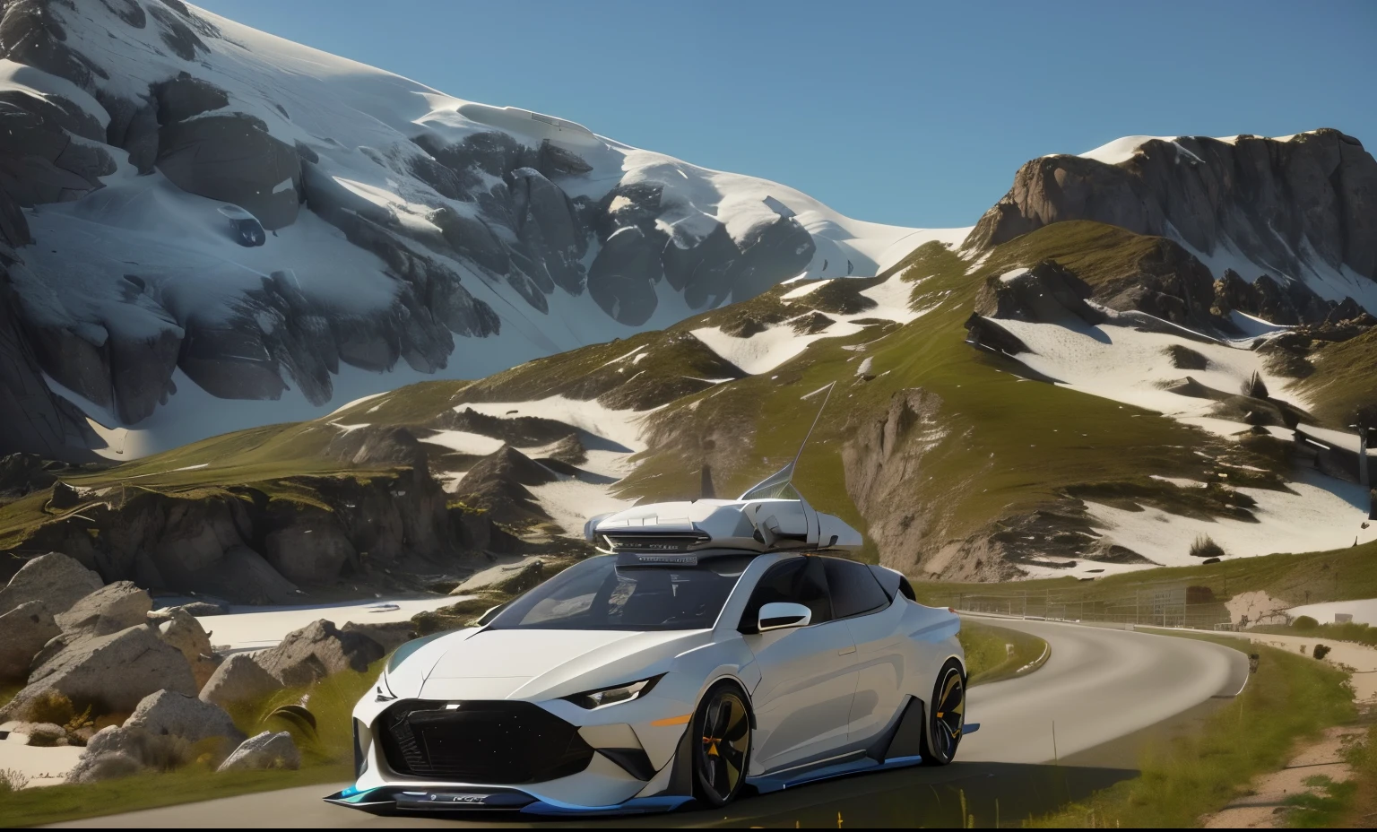 A white car with a roof rack driving on the road, Rendering in Lumion pro, futuristic product car shot, Rendering in Lumion, Semi-realistic rendering, Concept cars, Adventure surrealistic rendering, Inspired by Otto Abt, Ultra-detailed 3D rendering, Vehicle Design Trends, Ultra-detailed 3D rendering, Hyper-realistic rendering