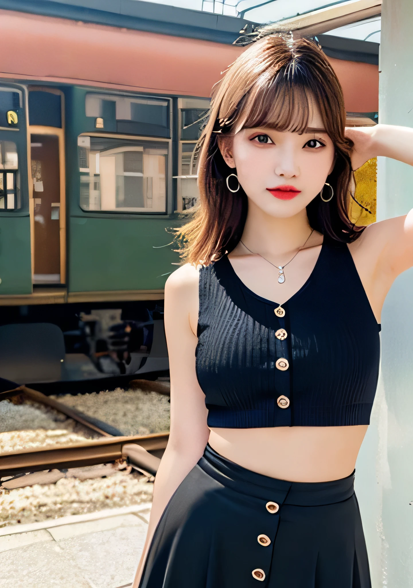 best quality, digit, 超detailed, detailed, High resolution, 32K Wallpapers, Perfect dynamic composition, attention to detail，Just like what the top models wear,bun, ，Large Breasts，chest center,Beautiful big eyes like a cat, Cute button nose, small but fairly full lips, Eyebrows are thick and long, beautiful eyelashes. The whole makeup is transparent, paint your cheeks pink,Dark eyeliner,Lip gloss makes it sparkly. casual sexy pose,Smile,white teeth,full-body shot,influencer，High resolution，(super detailed eyes), (((Textile shading))), (((best quality))), (((masterpiece))), (((Surreal))), fat, sassy girlfriend, street girl, Blonde messy hair, Emotional hardcore girl, silver hairpin, Furry gemstone hair tie, Chain earrings, chain gem belt, necklace, mini skirt, pink top, leg warmers, Arm Warmers, black and pink clothing colors, Strike a pose, Natural makeup, skinny fat innocent, At the haunted train station, Heaven, Mid-shot, Center image, Good girl, innocent girl, Front view