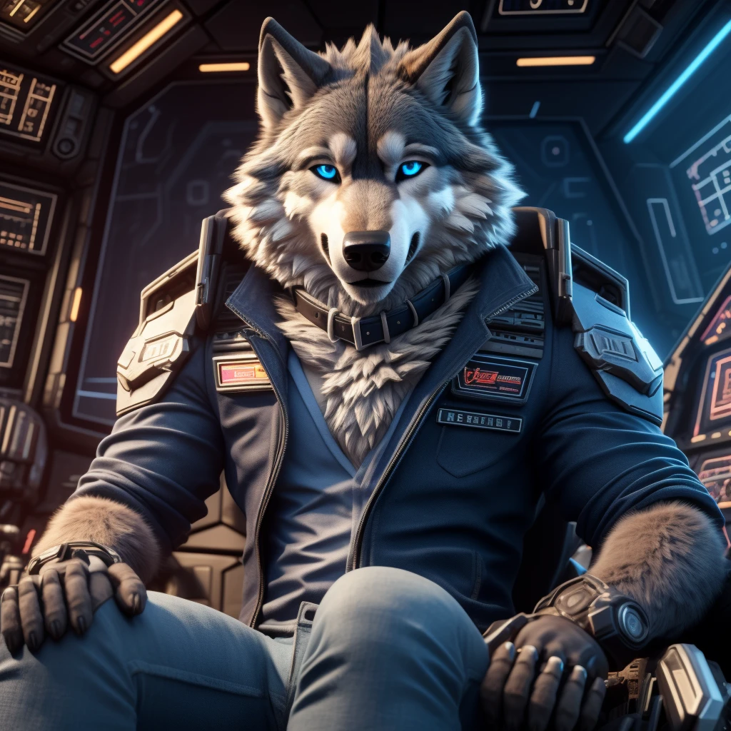 Sitting in chair, 1Male, 30 years old, cute, eyeliner, happy expression, black leather jacket, anthro, wolf ears, Timber wolf, (mech cockpit background:1.5), 8k, hi res, (best quality, masterpiece), (wolf tail:1.5), detailed fur, solo, collar, blue jeans, blue eyes. dynamic angle, ultra-detailed, 