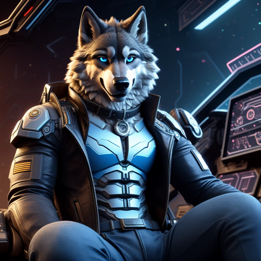 Sitting in chair, 1Male, 30 years old, cute, eyeliner, happy expression, black leather jacket, anthro, wolf ears, Timber wolf, (mech cockpit background:1.5), 8k, hi res, (best quality, masterpiece), (wolf tail:1.5), detailed fur, solo, collar, blue jeans, blue eyes. dynamic angle, ultra-detailed, 