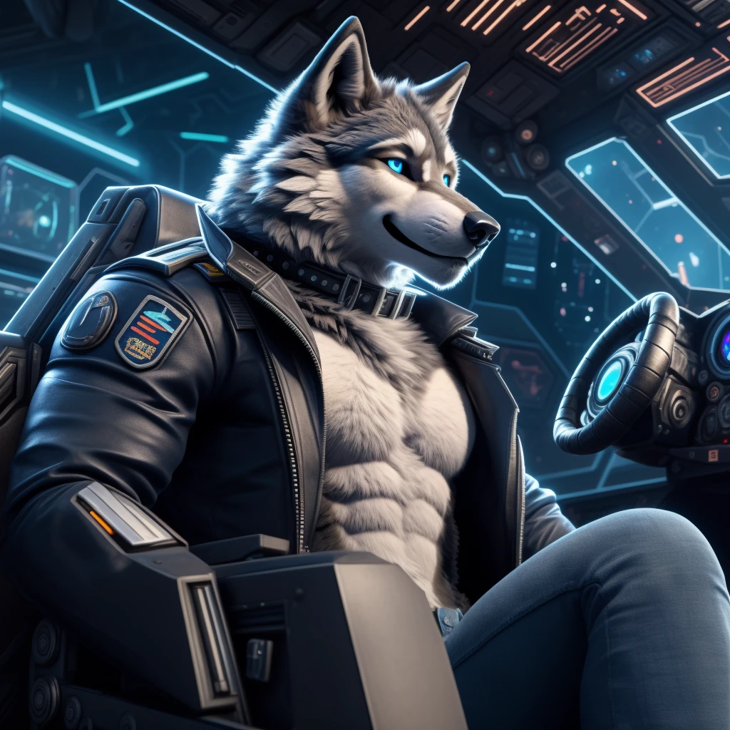 Sitting in chair, 1Male, 30 years old, cute, eyeliner, happy expression, black leather jacket, anthro, wolf ears, Timber wolf, (mech cockpit background:1.5), 8k, hi res, (best quality, masterpiece), (wolf tail:1.5), detailed fur, solo, collar, blue jeans, blue eyes. dynamic angle, ultra-detailed,